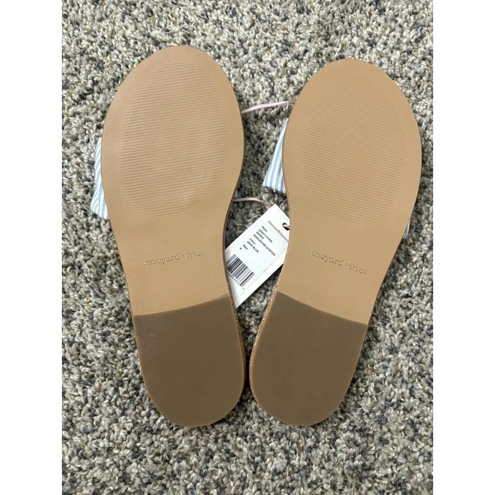 NWT Vineyard Vines Seersucker Strap Leather Slides 9 Blue White Stripe